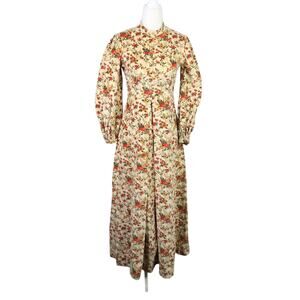 Vintage 70s Tan and Red Floral Velvet Victorian Style Maxi Dress XS